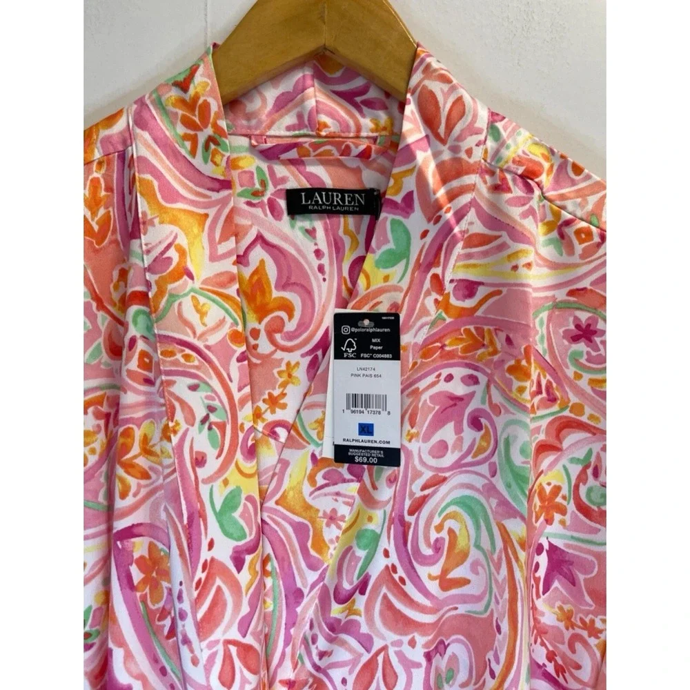 Lauren Ralph Lauren Women's Size L Satin Paisley Print‎ Robe Pink Belted Pockets